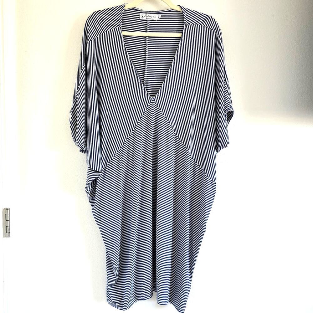 Fighting Eeel Oversized V-neck Striped Tunic Dress Coverup White x Blue Size S